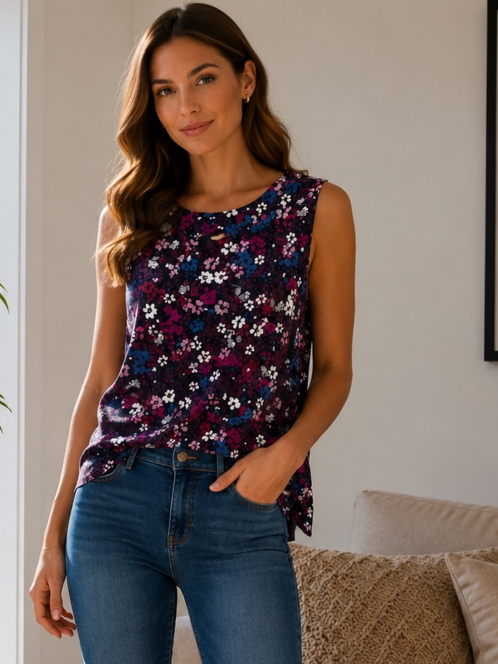 J. Jill Wearever Collection Floral Pink Blue Sleeveless Top size M Petite